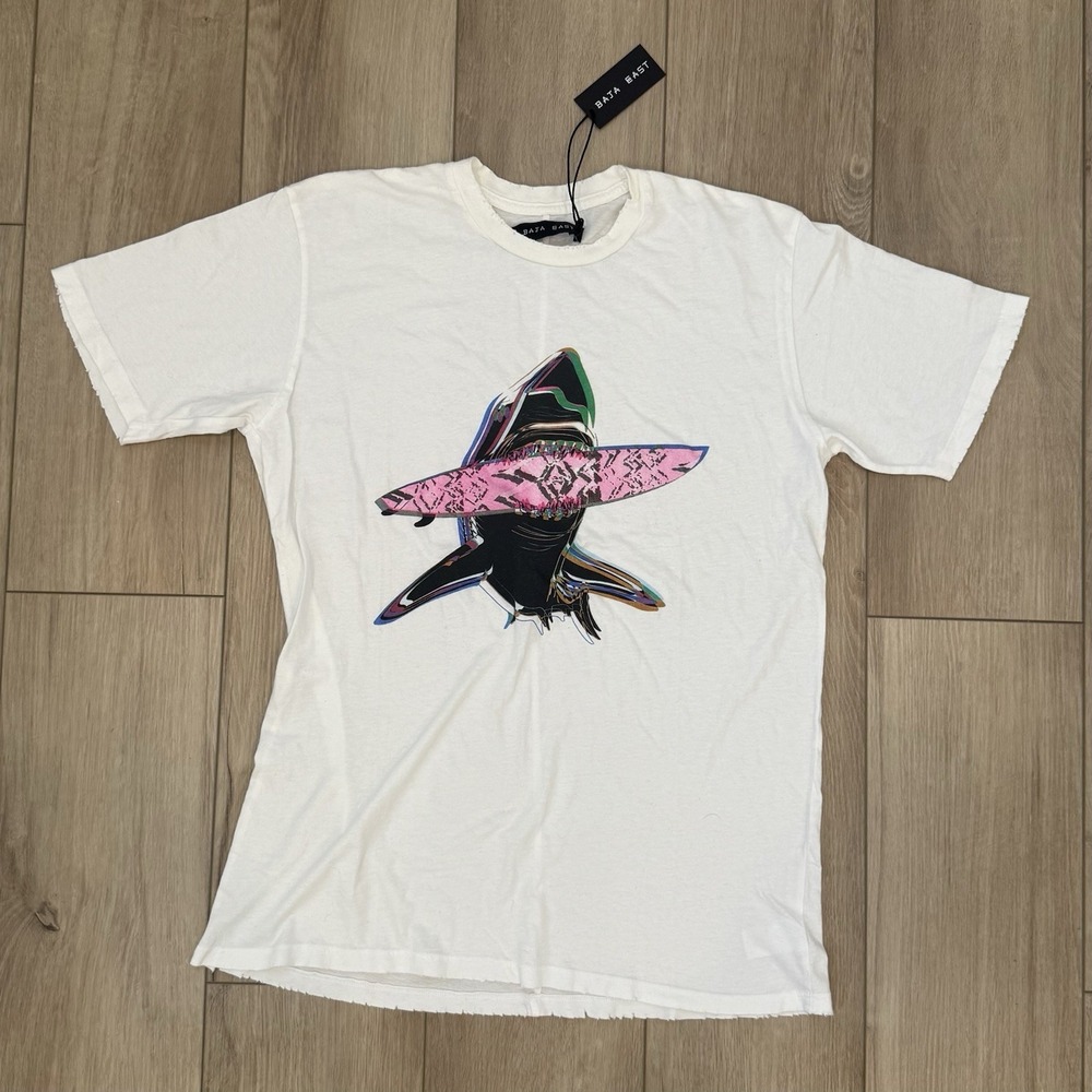 Baja East Pink Shark Graphic T-Shirt Women's Size 0 Made In USA Distressed Tee
